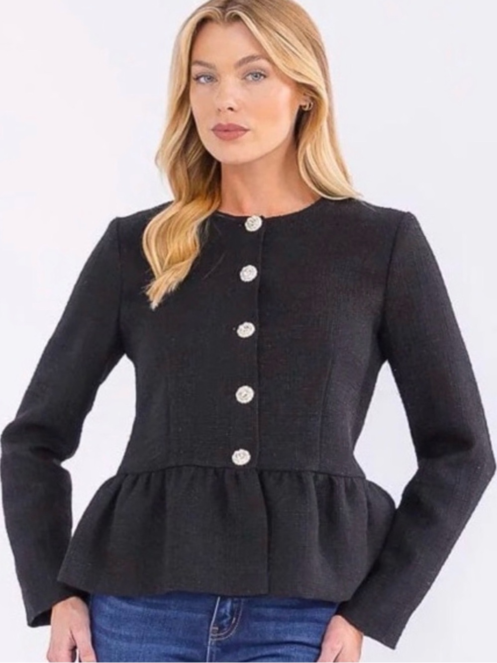 Elegant Black Peplum Tweed Jacket New - Picture 2 of 8